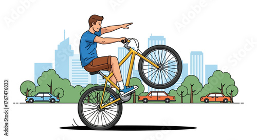 Urban biking stunt performance showcasing skill and cityscape in the background