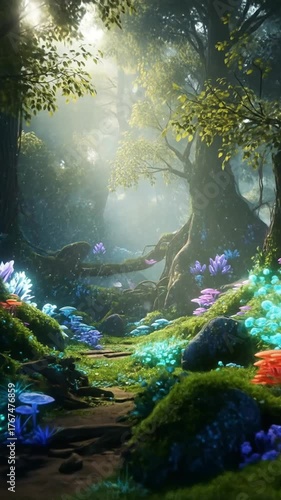Enchanting Forest Scene with Glowing Flora and Sunlight.