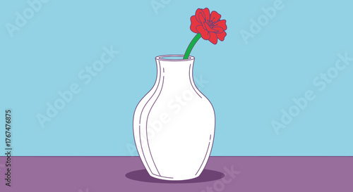 Minimalist floral composition a single red blossom in white vase against a tranquil backdrop of