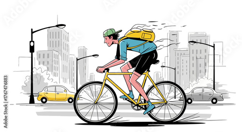 Urban cycling adventure: A stylized illustration of a cyclist navigating a bustling cityscape with