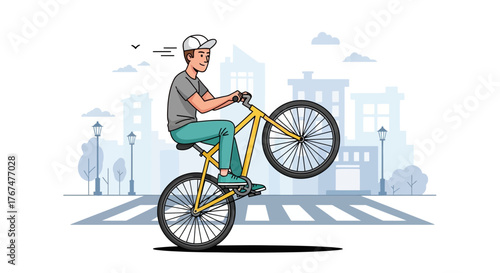 A young man performs a wheelie on his yellow bicycle amidst a stylized cityscape background