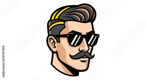 Cartoon styled face of a man with a mustache and sunglasses in profile portrait  illustration