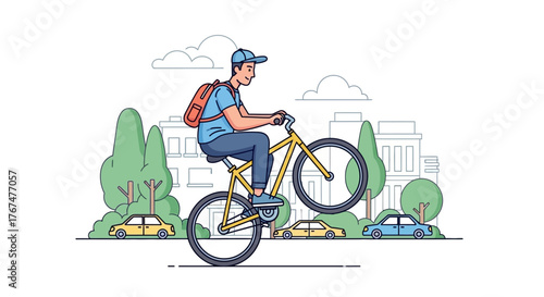 Stylish bicycle rider performing wheelie through urban landscape with cars and stylized background