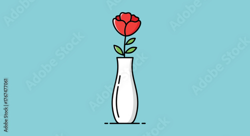 Minimalist red rose illustration in a sleek white vase against a serene light blue background