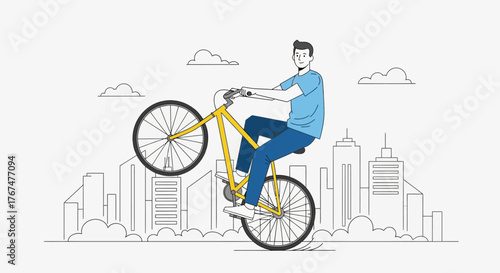 Dynamic Bicycle Stunt in Urban Landscape Flat Vector Illustration for Modern Lifestyle