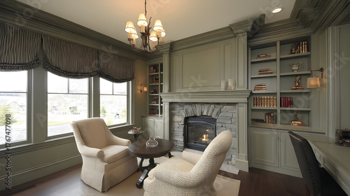 An elegant inviting traditional study features a warm stone fireplace, comfortable armchairs, built-in bookshelves, lush green walls, perfect relaxation work.