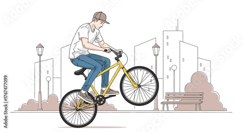 A dynamic illustration of a young man performing a wheelie on his bicycle in an urban park