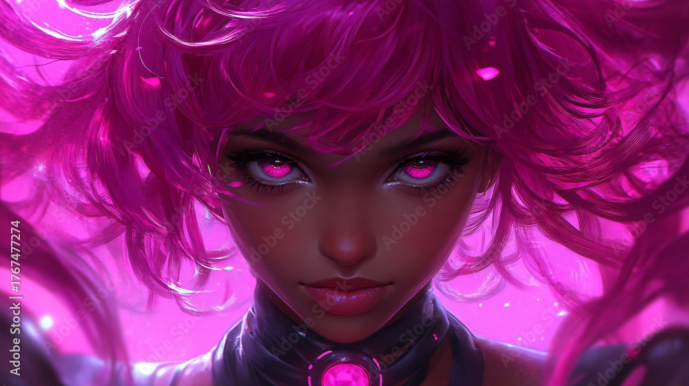 Fototapeta premium futuristic female cyborg with neon pink hair and eyes in cyberpunk style