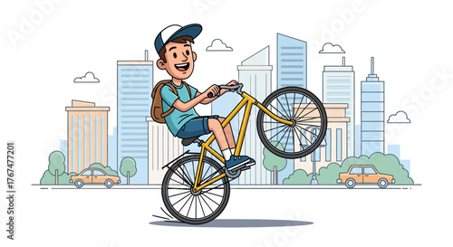 Enthusiastic cartoon boy performing a bicycle stunt in a simplified city setting displaying urban