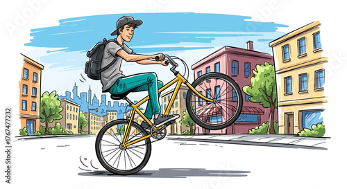 Dynamic illustration of a young man performing a wheelie on a bicycle in an urban setting