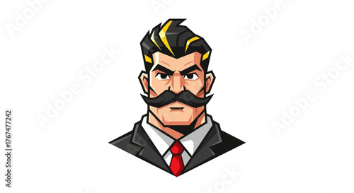 Bold illustration of a confident gentleman with a striking mustache and suit character design