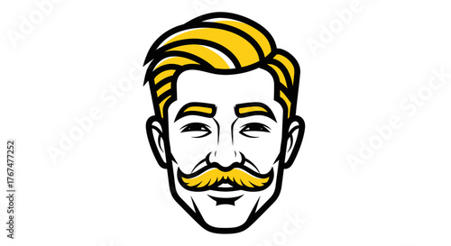 Stylized portrait illustration of a man with bold mustache and neatly combed hair in yellow