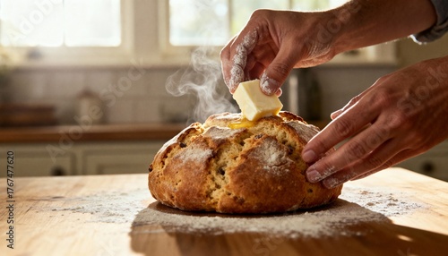 Freshly baked round bread with melting butter on wooden kitchen table