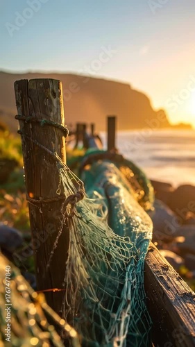 Fishing Net on Wooden Fence with Ocean Sunset Background.