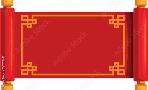 Red chinese scroll with golden decorations, representing traditional asian culture and calligraphy or painting