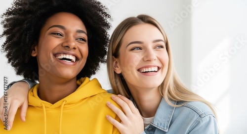 Wallpaper Mural Two cheerful young women smiling and embracing each other while spending time together indoors. A warm moment of friendship, diversity, and positive connection, showcasing happiness and supportive  Torontodigital.ca