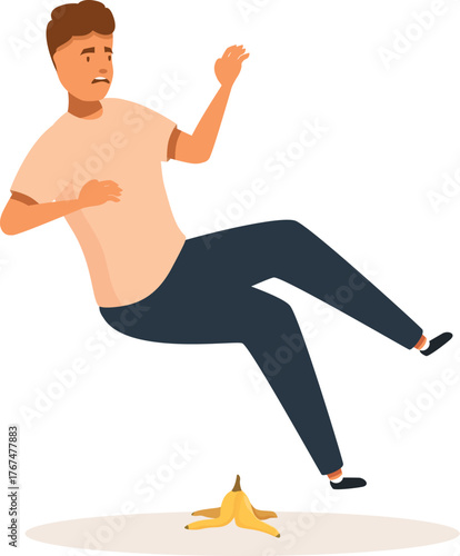 Cartoon man falling down after slipping on banana peel, accident and clumsiness concept