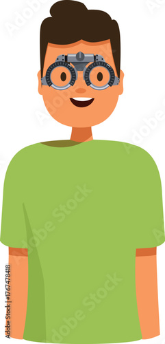 Young man wearing trial frame during an ophthalmic examination for vision testing and correction