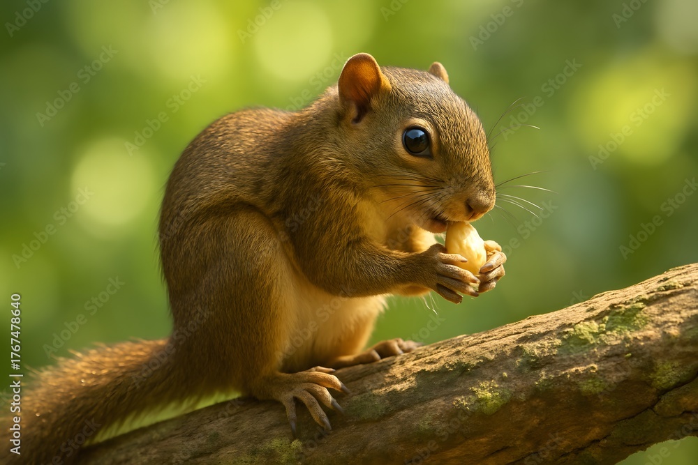 Fototapeta premium Close-Up Photography of a Playful Squirrel Feeding on Nuts in Natural Woodland Habitat