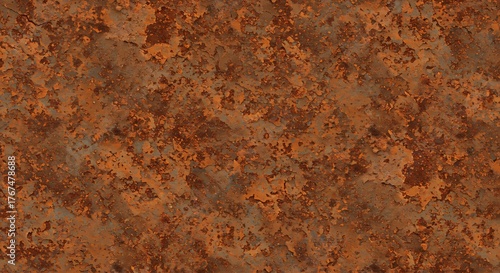 A closeup view of a heavily rusted metal surface with a texture of peeling paint and corrosion