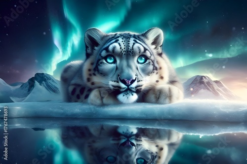 Snow leopard under the shimmering blue northern light