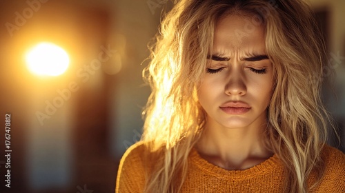 young woman experiencing discomfort or pain in warm indoor setting with sunlight background