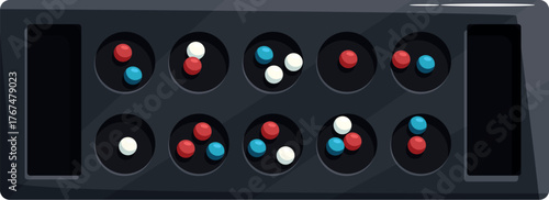Mancala board game with colorful stones in its compartments, ready for a strategic gameplay session