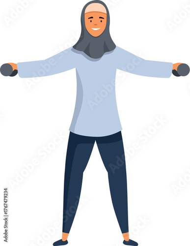 Happy muslim woman wearing hijab is lifting weights and exercising with dumbbells