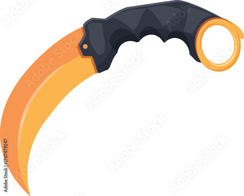 Close up of a karambit knife with a curved gold blade and black handle, isolated on a white background