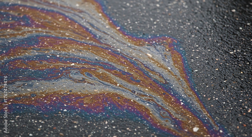 Obraz premium Asphalt shows rainbow sheen oil spill texture dark grainy
