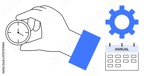 Hand holding small clock, gear wheel, and annual calendar. Ideal for time management, productivity, planning, efficiency, deadlines performance project organization. Simple flat metaphor