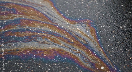 Asphalt shows rainbow sheen oil spill texture dark  grainy