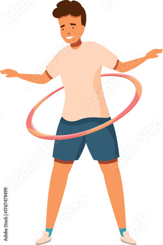Man is spinning plastic hula hoop around waist, enjoying physical activity and promoting healthy lifestyle