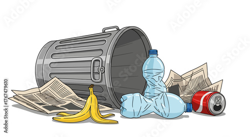 Recycling awareness: trash can with plastic bottles, banana peel, and newspaper
