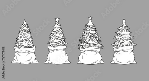 Line art christmas trees in sack on gray background