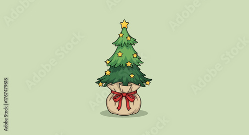 Festive christmas tree with stars in a sack with red ribbon on green background