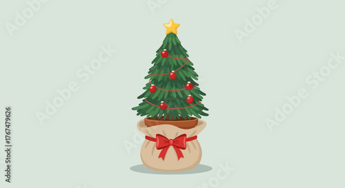 Festive christmas tree with red ornaments and star in burlap sack