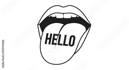Bold typography art of open mouth saying hello in black and white design