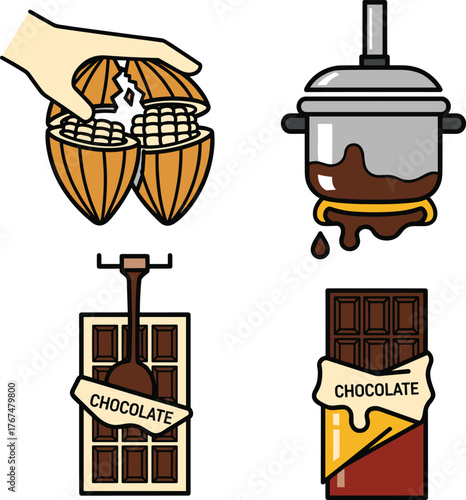 Minimalist Chocolate Process Icon Set From Raw Cocoa Pod to Molded Bar. Gourmet Food Preparation Vector.
