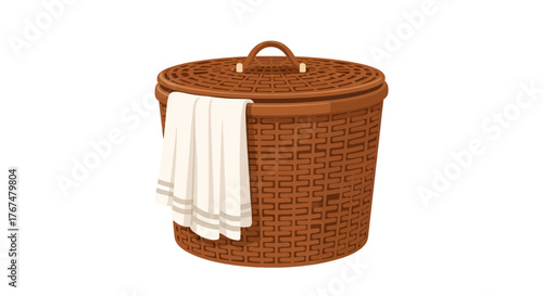 Wicker laundry basket with white cloth: realistic home decor and organization