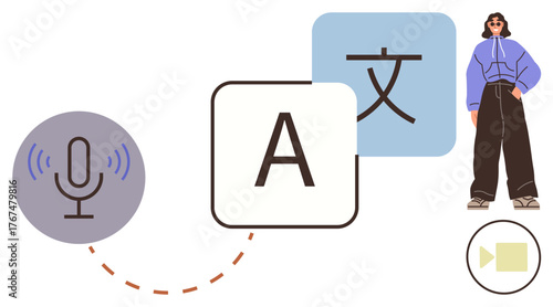 Microphone icon connected to text translations in English and Asian script. Person in casual wear and video icon suggesting communication, learning, or accessibility. Ideal for language