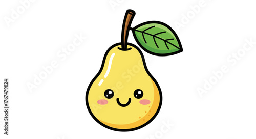 Cute kawaii pear with face and leaf on white background