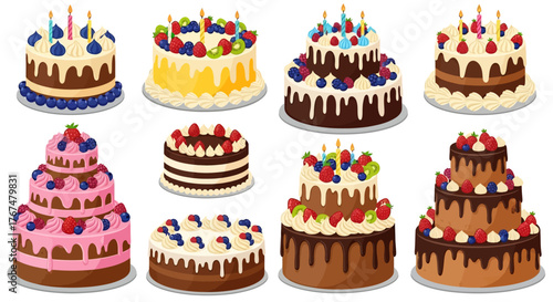 Assorted drip cake designs with berries and candles on platters