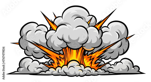 Cartoon explosion with smoke and fiery bursts in dynamic style
