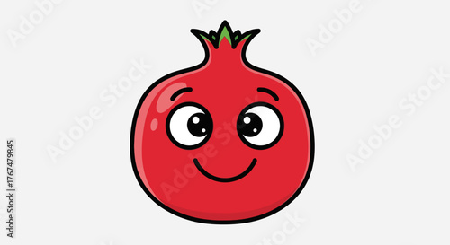 Smiling cartoon pomegranate character with expressive eyes and cheerful expression