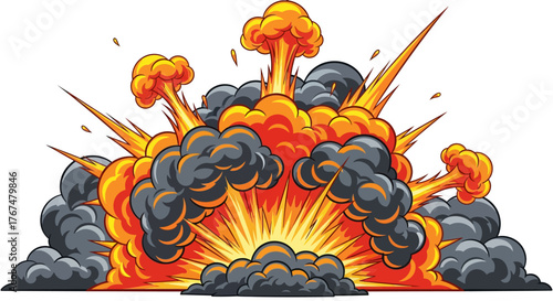 Dynamic cartoon explosion with fiery blasts and ash clouds in vibrant colors