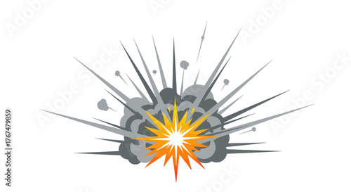 Dynamic explosion with smoke and fire burst on white background
