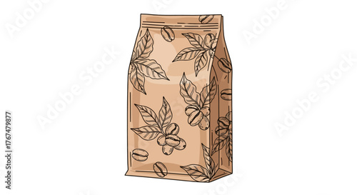 Coffee bean pattern on kraft paper bag packaging with hand-drawn design