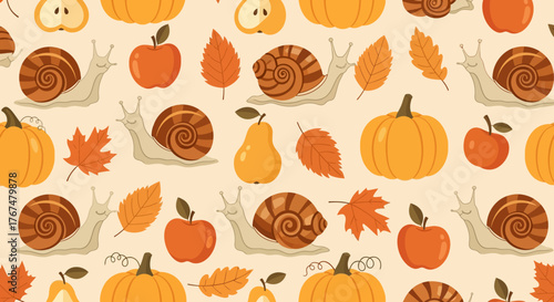Autumn harvest pattern with snails, pumpkins, apples, and leaves