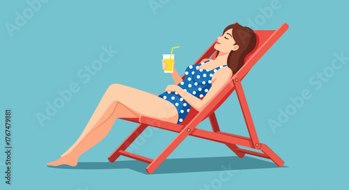 Woman relaxing on beach chair with drink under sun in summer resort